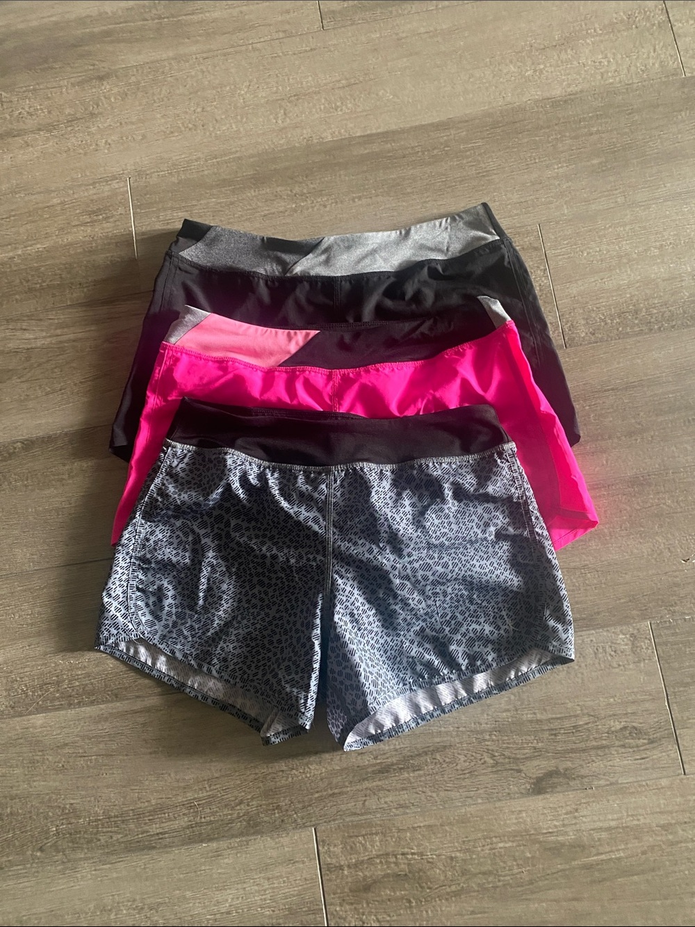 Danskin Now Athletic Shorts Trio in Hot Pink, Black, and Gray Leopard